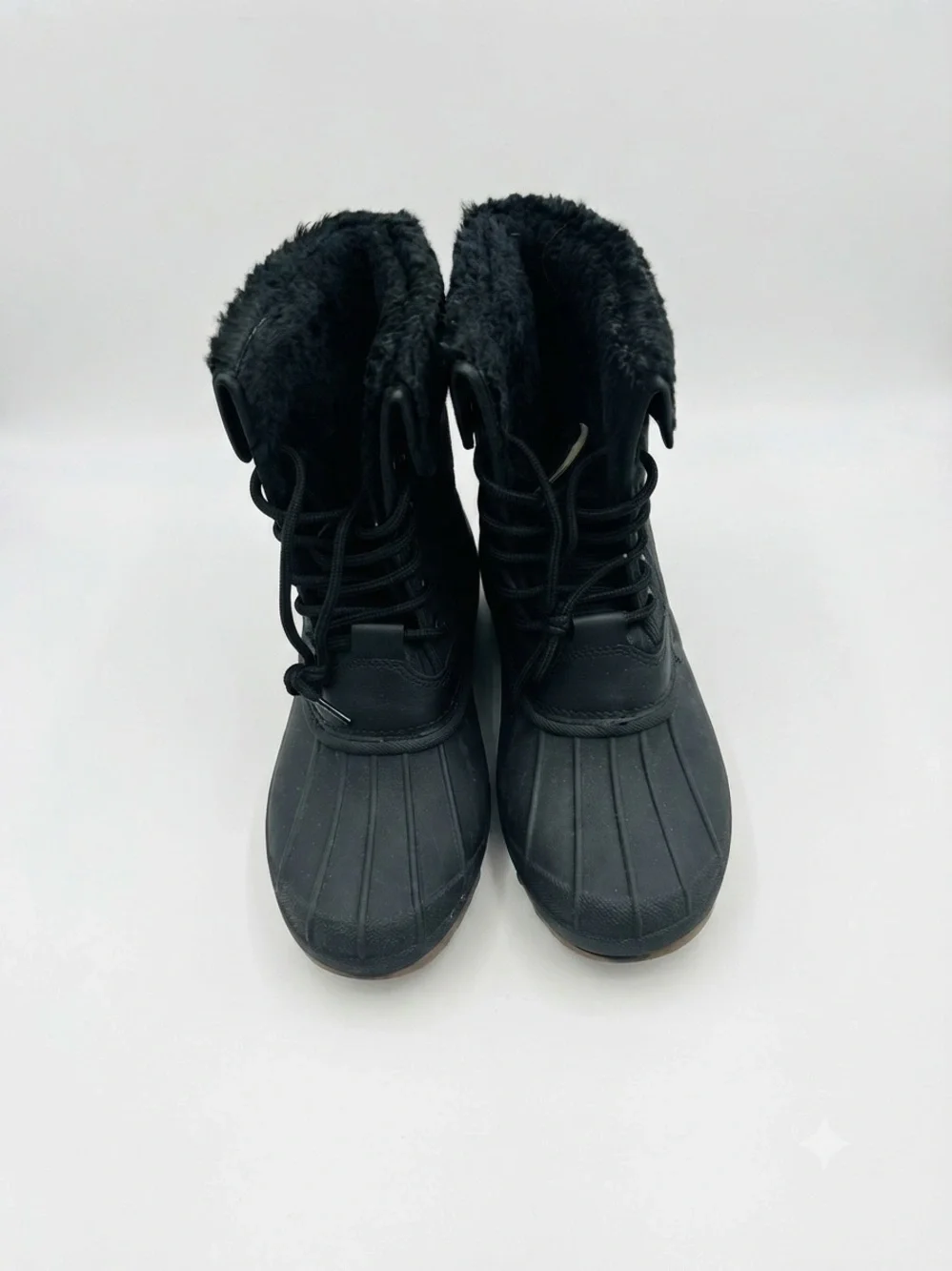 Insulated Black Lace-Up Winter Rain Boots with Faux Fur Collar